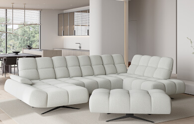 nowoczesny narożnik Prado XL do dużego salonu, w kształcie litery u, posiada regulowane oparcia i bogato zdobione przeszyciami siedziska i oparcia