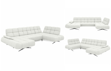 nowoczesny narożnik Prado XL do dużego salonu, w kształcie litery u, posiada regulowane oparcia i bogato zdobione przeszyciami siedziska i oparcia