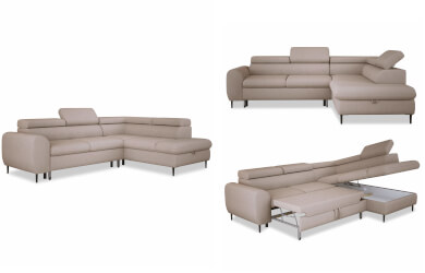 nowoczesny narożnik z funkcją spania, regulowanymi zagłówkami i pojemnikiem na pościel