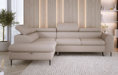 nowoczesny narożnik z funkcją spania, regulowanymi zagłówkami i pojemnikiem na pościel