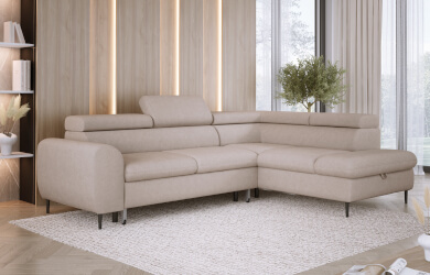 nowoczesny narożnik z funkcją spania, regulowanymi zagłówkami i pojemnikiem na pościel