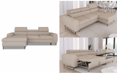 nowoczesny narożnik Rayo z regulowanymi zagłówkami, funkcją spania i pojemnikiem na pościel