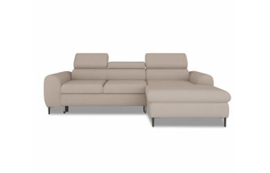 nowoczesny narożnik Rayo z regulowanymi zagłówkami, funkcją spania i pojemnikiem na pościel