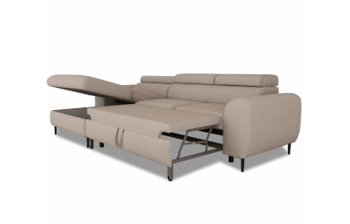 nowoczesny narożnik Rayo z regulowanymi zagłówkami, funkcją spania i pojemnikiem na pościel