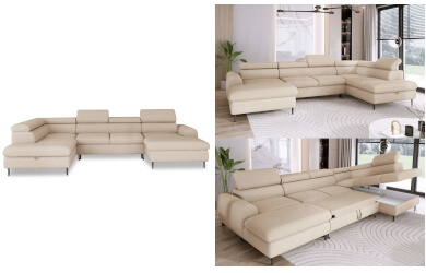 duży narożnik w kształcie litery U do salonu z funkcją spania, pojemnikiem na pościel oraz regulowanymi zagłowkami, posiada czarne metalowe nóżki o wysokosci 12 cm