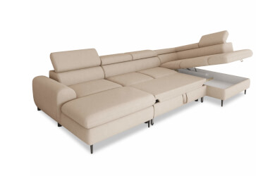 duży narożnik w kształcie litery U do salonu z funkcją spania, pojemnikiem na pościel oraz regulowanymi zagłowkami, posiada czarne metalowe nóżki o wysokości 12 cm