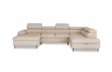 duży narożnik w kształcie litery U do salonu z funkcją spania, pojemnikiem na pościel oraz regulowanymi zagłowkami, posiada czarne metalowe nóżki o wysokości 12 cm