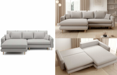 narożnik rozkładany w stylu skandynawskim, z luznymi poduchami oparciowymi i dekoracyjnymi, posiada pojemnik i funkcję spania, drewniane nóżki