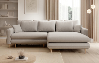 narożnik rozkładany sally na drewnianych stópkach z funkcją spania i pojemnikiem na pościel, posiada luźne poduchy oparciowe oraz małe poduszeczki dekoracyjne, narożnik w stylu skandynawskim