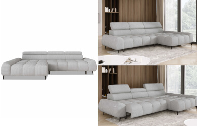 narożnik Santo S z wysuwanym elktrycznie siedziskiem i regulacją zagłówków, nowoczesny narożnik na nóżkach do salonu