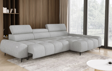 narożnik Santo S z wysuwanym elktrycznie siedziskiem i regulacją zagłówków, nowoczesny narożnik na nóżkach do salonu