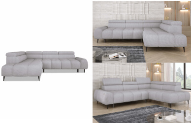 nowoczesny narożnik do salonu z elektrycznie wysuwanym siedziskiem i regulowanymi zagłówkami, posiada czarne metalowe nóżki