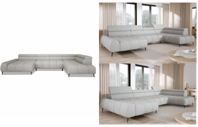 narożnik w kształcie litery U do salonu z regulowanym elektrycznie wysuwem siedziska oraz regulowanymi zagłówkami, czarne metalowe nóżki, posiada dekoracyjne przeszycia siedzisk