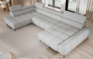 narożnik w kształcie litery U do salonu z regulowanym elektrycznie wysuwem siedziska oraz regulowanymi zagłówkami, czarne metalowe nóżki, posiada dekoracyjne przeszycia siedzisk