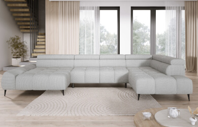 narożnik w kształcie litery U do salonu z regulowanym elektrycznie wysuwem siedziska oraz regulowanymi zagłówkami, czarne metalowe nóżki, posiada dekoracyjne przeszycia siedzisk