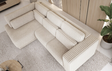 wygodny narożnik z dwoma rzędami luźnych poduch do salonu