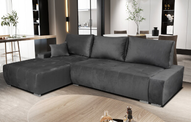 szary naroznik do salonu ze zdejmowanymi poduchami i pikowanym siedziskiem, posiada funkcję spania i pojemnik