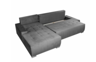 naroznik do salonu Sawoy szary z pikowanym siedziskiem i zdejmowanymi poduchami, posiada pojemnik na posicle i funkcje spania