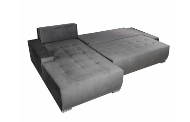 naroznik szary z pikowanym siedziskiem pojemnikiem na pościel i funkcją spania, do salonu