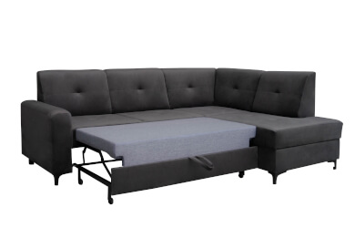 nowoczesny szary narożnik z funkcją spania i pojemnikiem na pościel, czarne metalowe nózki