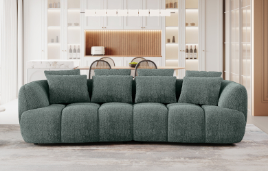 ciemnozielona sofa z poduszeczkami oparciowymi i wysuwanym elektrycznie siedziskiem do salonu