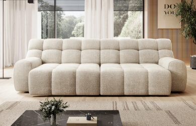 sofa do salonu z wysuwanym elektrycznie siedziskiem, przeszywane i pikowane oparcia oraz siedzisko
