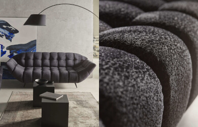 stylowa sofa Gappa 2 na wysokich nózkach, zdjęcie łączone pokazujące sofę oraz przeszycia na siedzisku