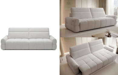 bigsofa z super dużym wysuwem elektrycznym siedziska zawiększającym jego głębokośc do 120 cm, elegancko przeszywana z regulowanymi zagłówkami, sofa do salonu