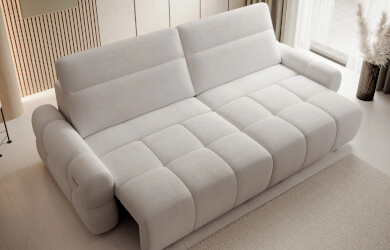 bigsofa z super dużym wysuwem elektrycznym siedziska zawiększającym jego głębokośc do 120 cm, elegancko przeszywana z regulowanymi zagłówkami, sofa do salonu