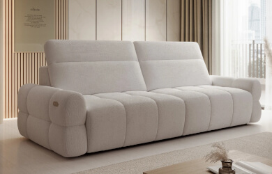 bigsofa z super dużym wysuwem elektrycznym siedziska zawiększającym jego głębokośc do 120 cm, elegancko przeszywana z regulowanymi zagłówkami, sofa do salonu