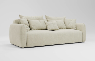 duża sofa do salonu z poduszeczkami dekoracyjnymi, funkcją spania codziennego DL oraz pojemnikiem na pościel
