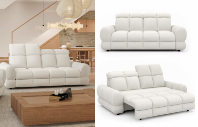 sofa Tollo 2E z elektrycznie wysuwanym siedziskiem, przeszyciami dekoracyjnymi i regulowanymi zagłówkami