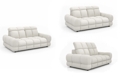 sofa z zaobleniami i eleganckim pikowaniaem oraz przeszyciami, posiada regulowane zagłówki