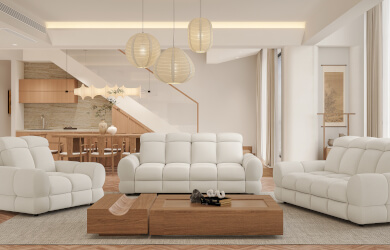 nowoczesna sofa do salonu z elektrycznie wysuwanym siedziskiem i regulacją zagłówków