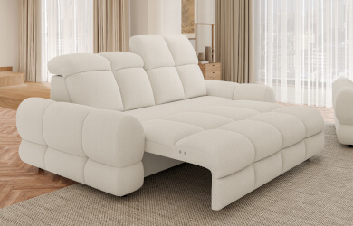 sofa Tollo 2E z elektrycznie wysuwanym siedziskiem, przeszyciami dekoracyjnymi i regulowanymi zagłówkami