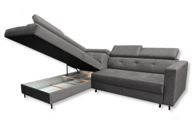 naroznik z funkcją spania i pojemnikiem na posciel, szarym nowoczesny, przeszycia i pikowania