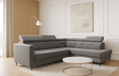 szary naroznik z pikowaniami do salonu, nowoczesny, funkcja spania, pojemnik, regulowane zagłówki