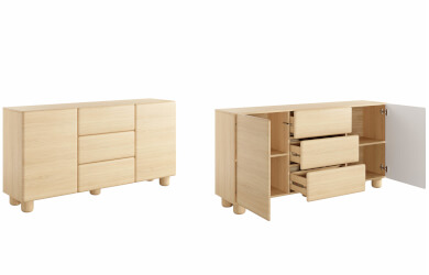 jasna komoda na nóżkach z 2 drzwiami i 3 szufladami