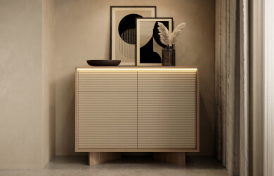 komoda 2 drzwi 2 szuflady oświetlenie zewnętrzne, ryflowane fronty