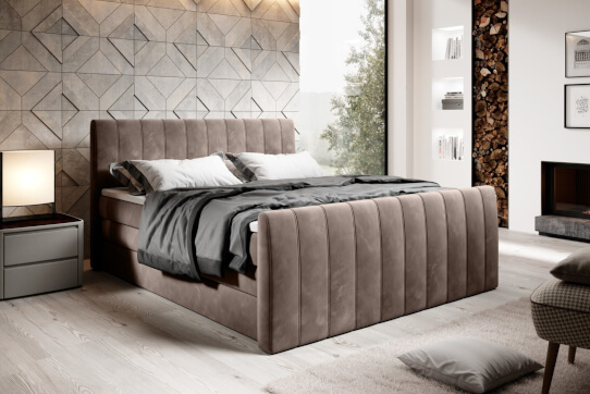 Beżowe łóżko kontynentalne na drewnianych nóżkach