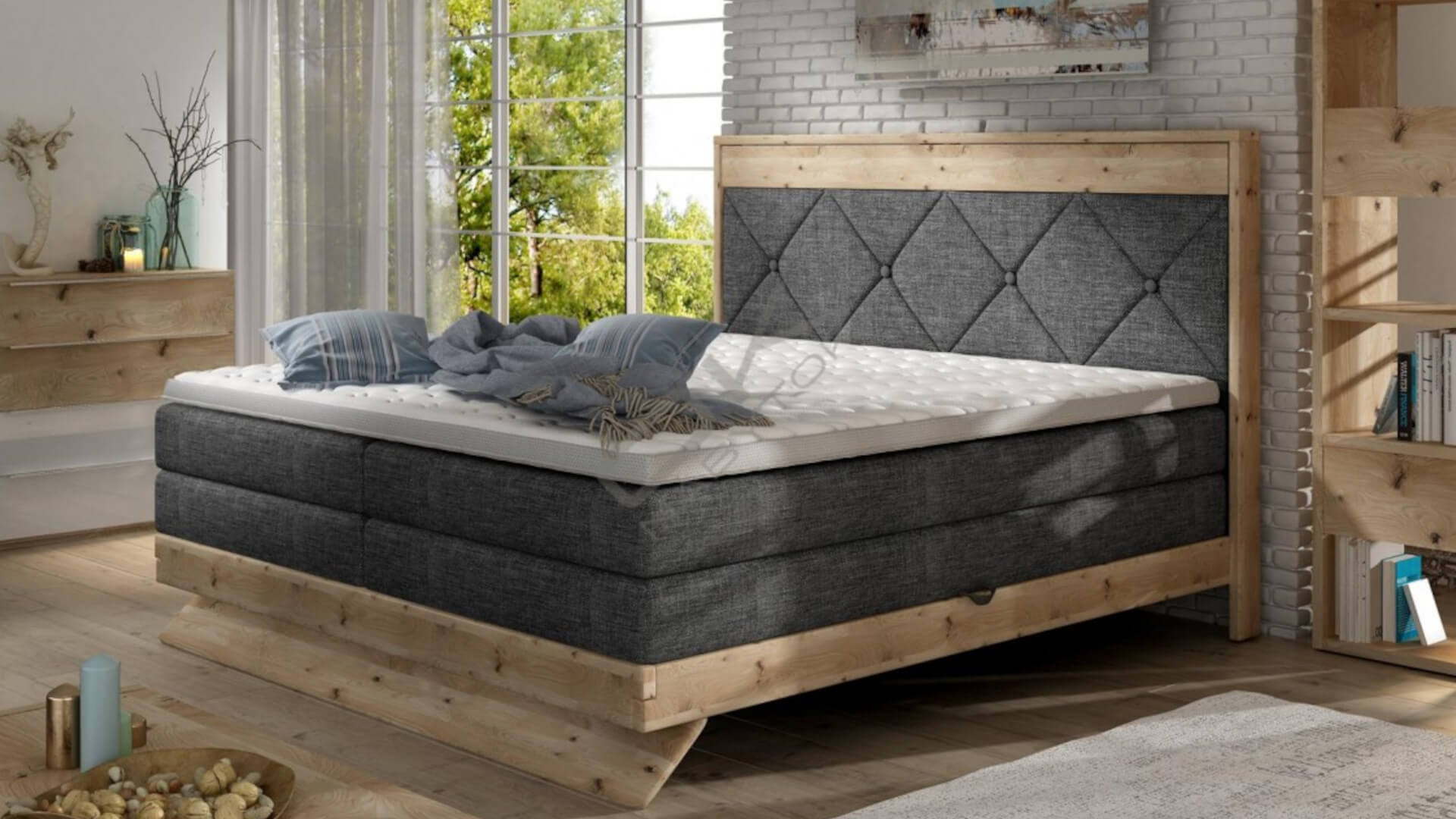 Łóżka kontynentalne z drewnianymi elementami dekoracyjnymi