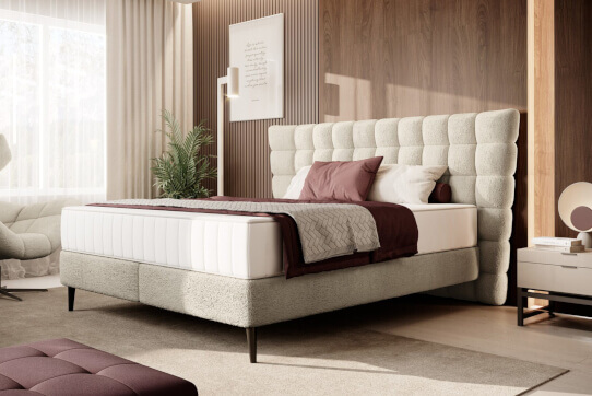Łóżka tapicerowane w nowoczesnych aranżacjach z dużym, trapezowym szczytem