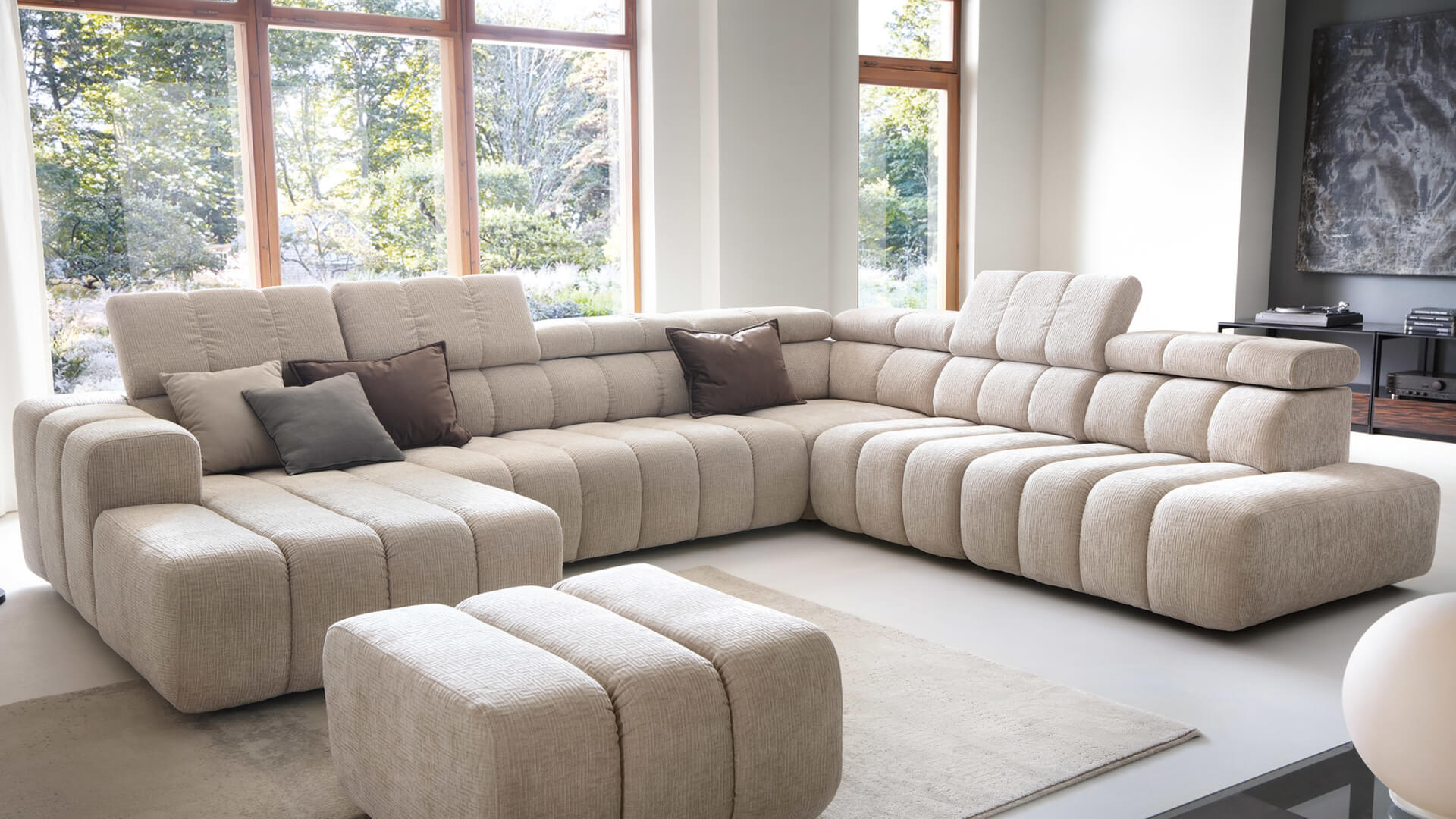 Sofa narożna rozkładana w stylu nowoczesnym z dwoma pojemnikami do przechowywania i regulowanymi zagłówkami