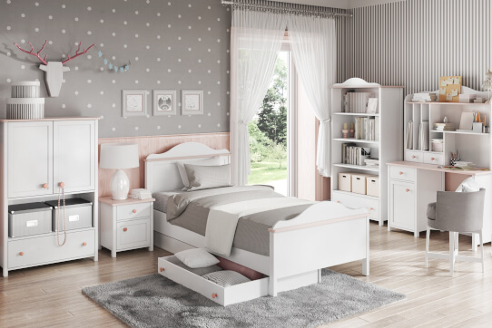 Meble dziecięce w stylu klasycznym z łóżkiem i biurkiem dedykowane do pokoju dziewczynki