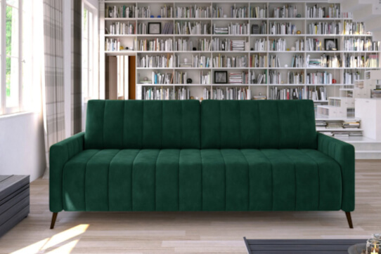 Wygodna zielona sofa z funkcją spania o łatwym rozkładaniu